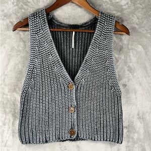 Free People Womens Small Chunky Knit Sweater Button Vest Gray Black 100% Cotton